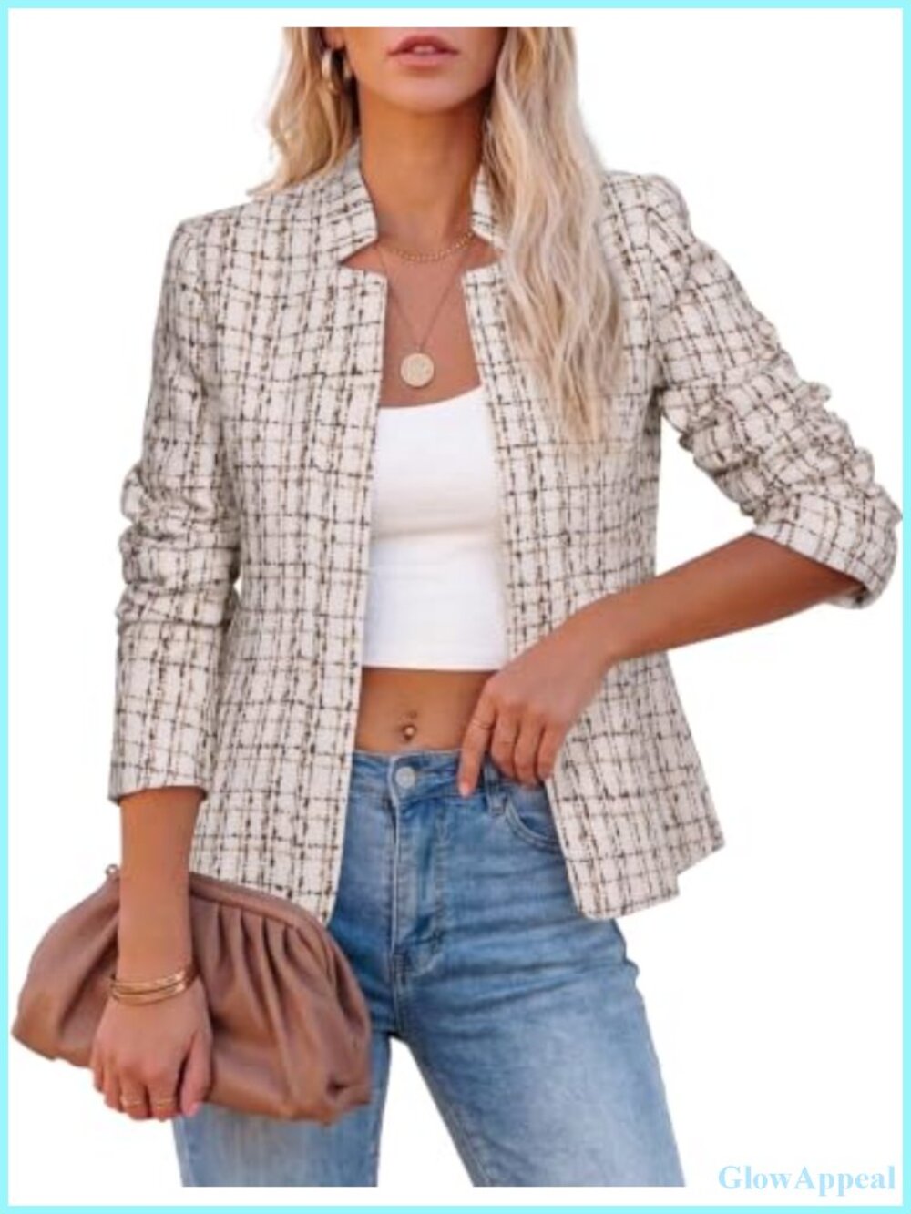 Women's Tweed Plaid Blazer Notch Collar Long Sleeve Fitted Suit Jacket